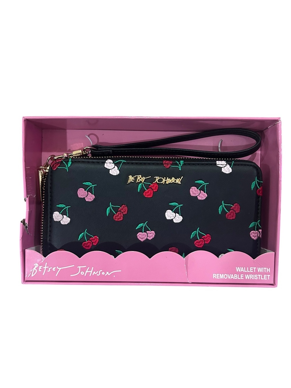 Betsey Johnson Cherry Embroidered Black Zip Wallet Wristlet NWT